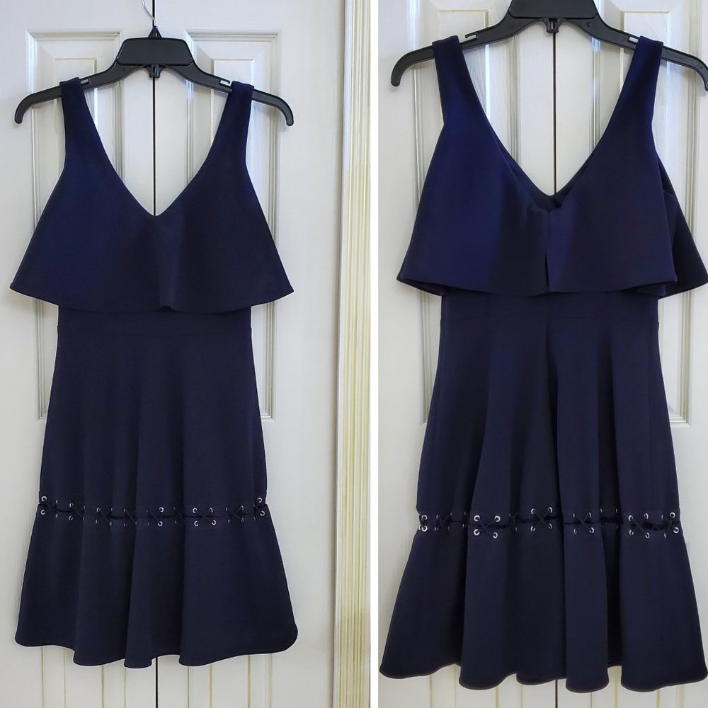Belle Badgley Mischka Navy Ruffle Neckline Fiona Dress